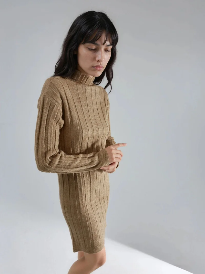 MY FASHION Camel Brown MY FASHION Ribbed Turtleneck Mini Knit Dress for Women | Best Price UAE